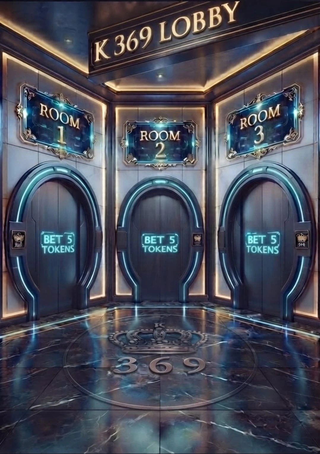 Futuristic K369 lobby with three glowing room doors